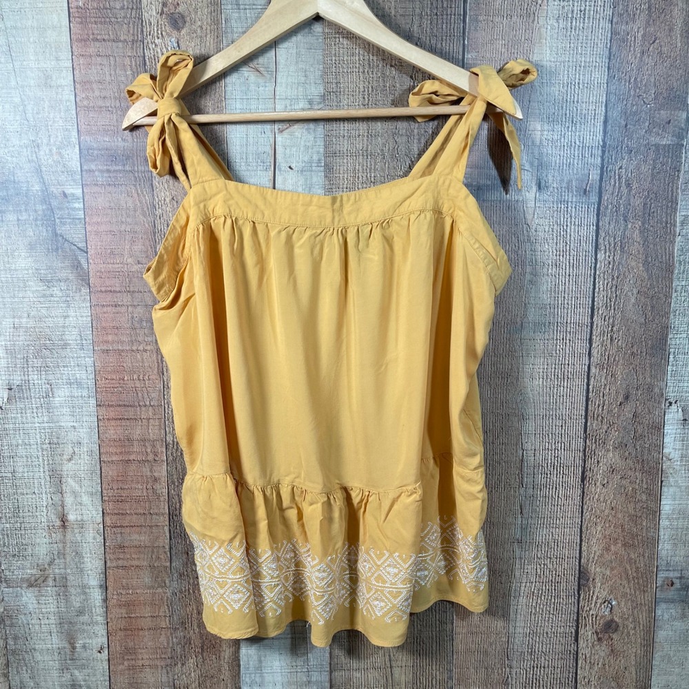 Mustard Yellow Embroidered Tie Strap Sleeveless Ruffle Hem Boho Blouse Top